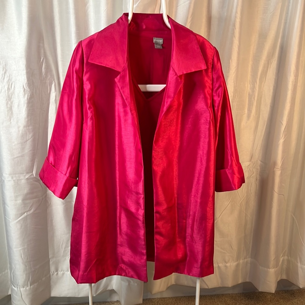Hot Pink shiny blazer and matching sleeveless top.